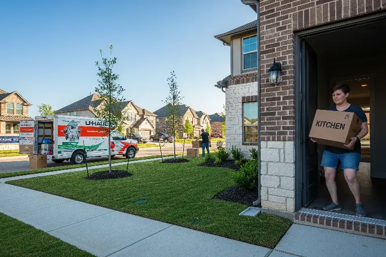 New homeowners moving into a house in Prosper TX with boxes and moving truck, highlighting need to rekey locks for security