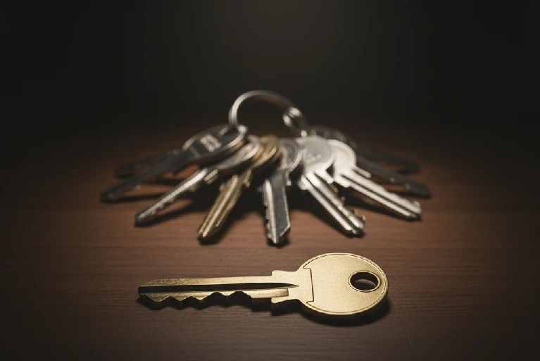 Close-up of a single gold house key placed apart from a keyring with multiple silver keys, symbolizing rekeying for convenience and key control in Prosper TX