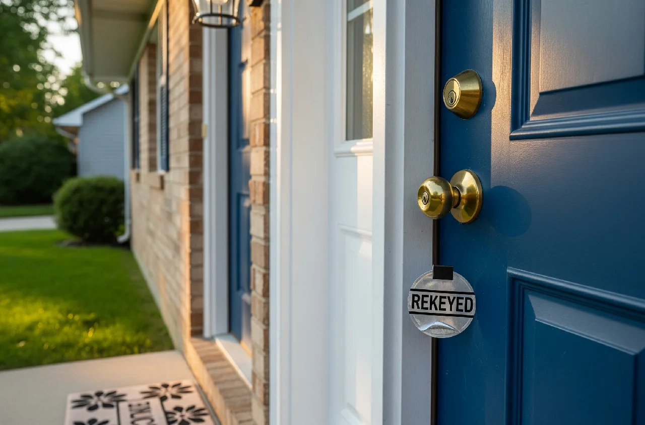Front door with new brass locks rekeyed for home security in Prosper TX