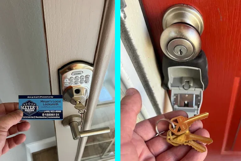 Meyer’s Local Locksmith rekeying residential locks after a break-in in Prosper TX, upgrading home security.