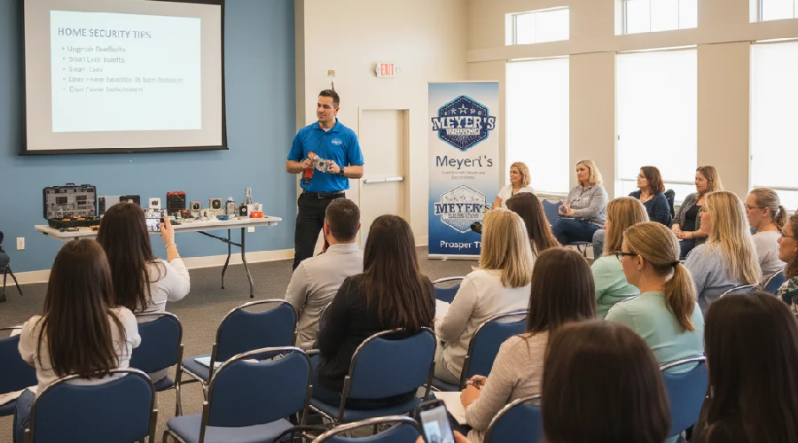 Meyer’s Local Locksmith expert presenting home security tips to Prosper, TX residents during a community workshop, highlighting rekeying, deadbolt upgrades, and lock maintenance advice.