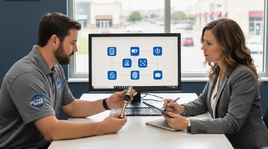 Commercial locksmith in Prosper, Texas advising a business owner on lock upgrades, access control, and key management for better security.