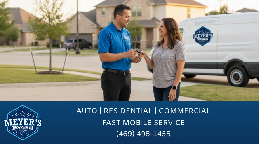 Meyer’s Local Locksmith technician handing car keys to a customer in Prosper, TX neighborhood, representing trusted local locksmith services for auto, residential, and commercial needs.