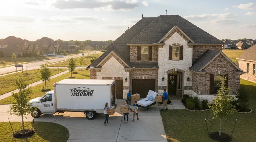 Family moving into a new Prosper, TX home with a moving truck in the driveway, symbolizing new homeowners needing to change or rekey locks for safety.