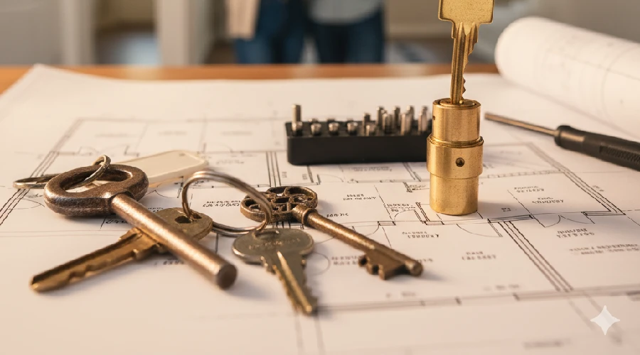 Close-up of house keys and lock cylinder on blueprint as new Prosper homeowners stand in background, symbolizing rekeying and home security.