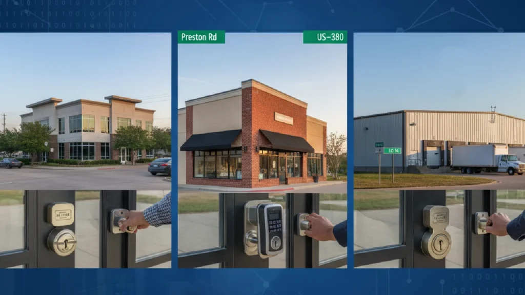 Commercial locksmith security solutions for Prosper, Texas businesses near Preston Road, US-380, and Coit Road, featuring office, retail, and warehouse door locks.