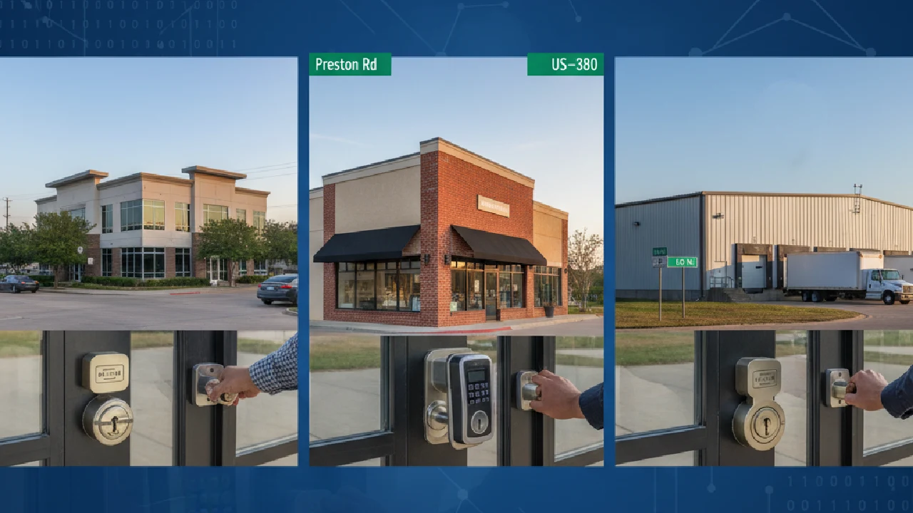 Commercial locksmith security solutions for Prosper, Texas businesses near Preston Road, US-380, and Coit Road, featuring office, retail, and warehouse door locks.
