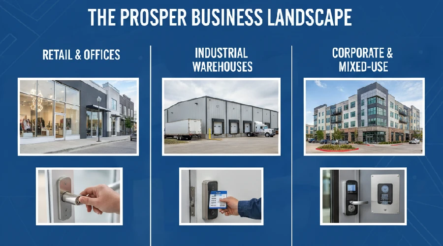 Prosper Texas business landscape showing retail offices, industrial warehouses, and mixed-use buildings with secure commercial door locks.