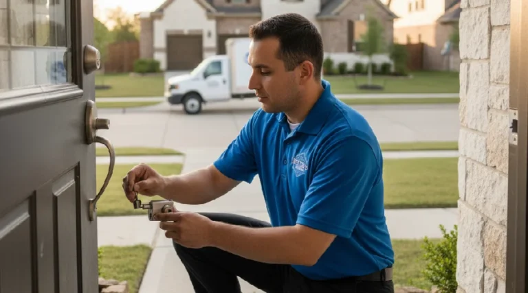 Meyer’s Local Locksmith technician rekeying a front door lock at a Prosper, TX home, representing professional residential locksmith services including deadbolt installation and lock repair.
