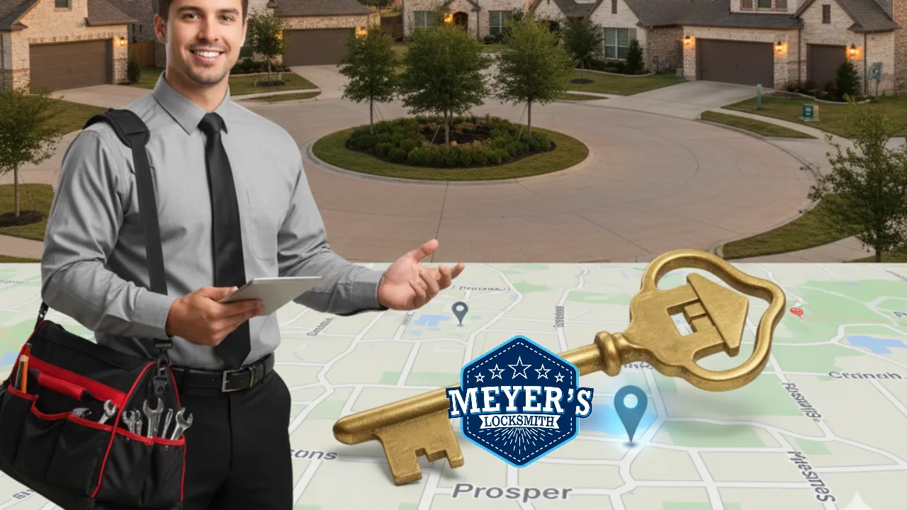 Professional locksmith standing in Prosper, TX neighborhood near Windsong Ranch, showing map with Meyer’s Local Locksmith logo and key icons.
