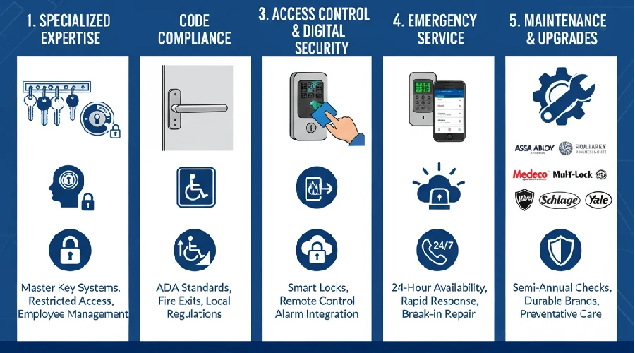 Five key reasons Prosper businesses rely on commercial locksmiths, including expertise, code compliance, smart locks, 24-hour service, and lock maintenance.