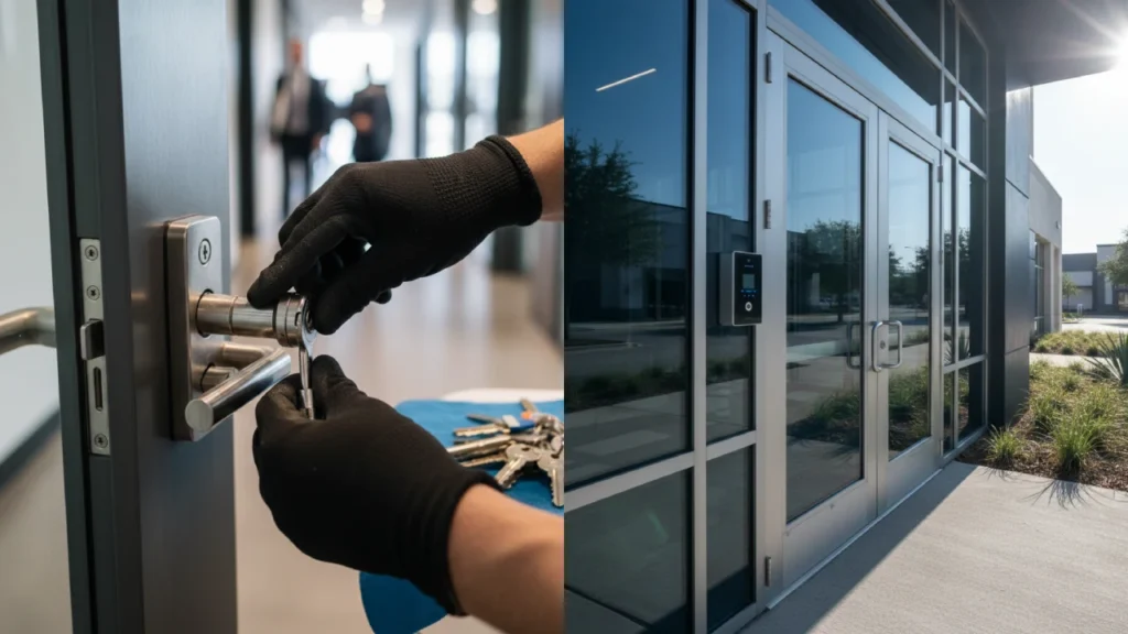 Professional commercial locksmith installing a master key system on a secure glass entrance door for a business in Fairview, TX.