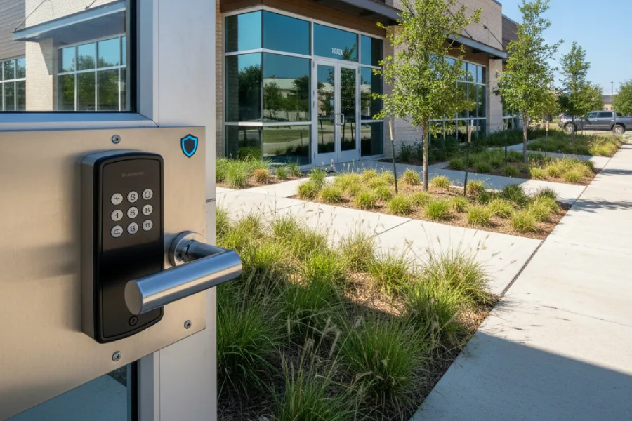 Commercial business exterior in Fairview, TX, featuring a modern keypad access lock. Contact Meyer's Locksmith for secure commercial property solutions and a free estimate.