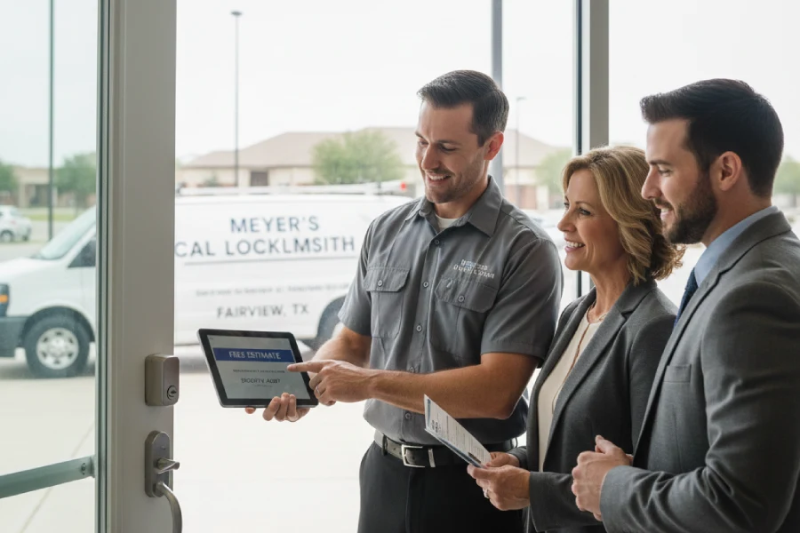Professional Meyer's Local Locksmith technician showing a free estimate on a tablet to two business owners at their commercial property in Fairview, TX.