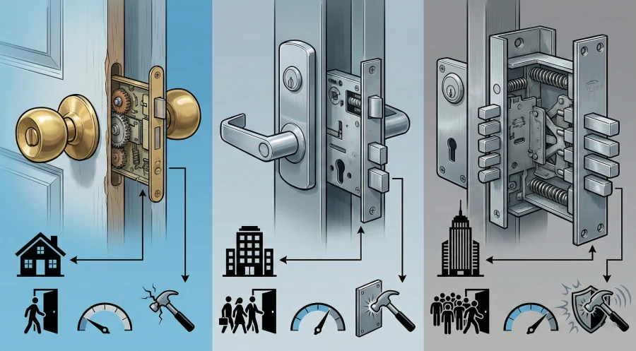 A side-by-side wordless visual comparing the three ANSI/BHMA lock grades. It displays a basic Grade 3 residential lock on the left, a standard-duty Grade 2 commercial lock in the middle, and a heavy-duty Grade 1 commercial mortise lock on the right, illustrating the progressive increase in structural integrity and physical strength.
