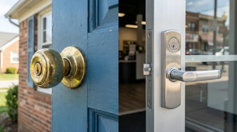Side-by-side comparison showing the structural difference between a standard residential brass door knob on a wooden door and a heavy-duty commercial mortise lock on an aluminum storefront entrance.