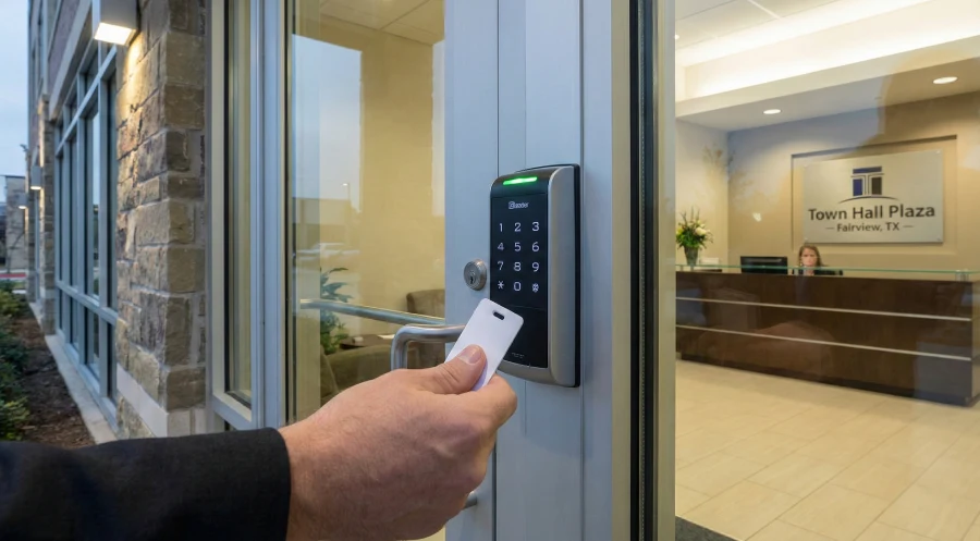 A close-up photograph of a hand using a keyless proximity card fob to unlock a commercial electronic keypad reader on a modern glass entry door. The green light indicates access is granted to the Town Hall Plaza office building in Fairview, TX.