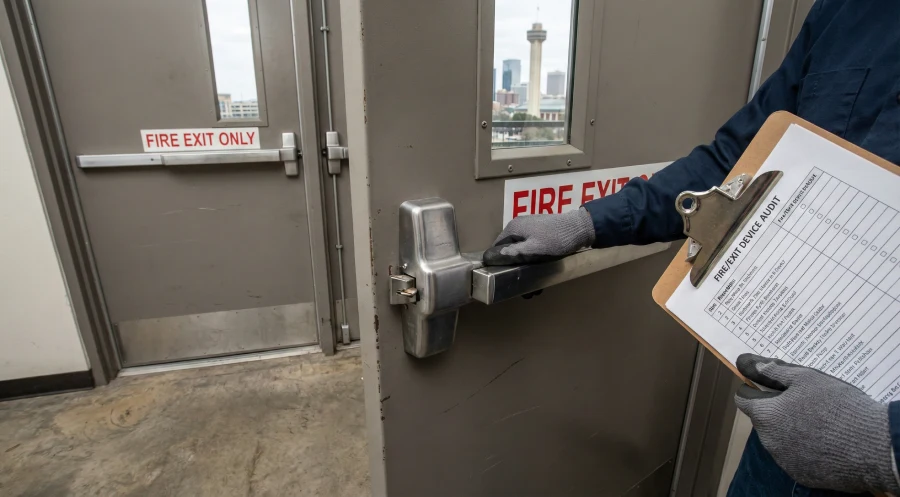A facility manager wearing gloves performs a maintenance audit on a commercial fire exit door, pressing the crash bar to test its functionality. They hold a "FIRE/EXIT DEVICE AUDIT" clipboard, and the Fort Worth, Texas skyline, including the Will Rogers Memorial Center tower, is visible through the door window.