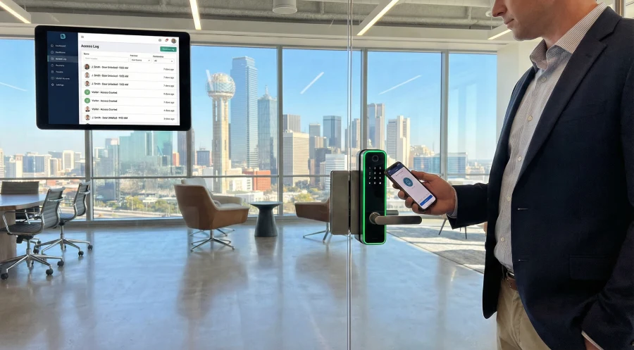 A professional using a smartphone to unlock a commercial smart lock on a glass door in a modern office. A wall-mounted tablet displays real-time access control logs, with the downtown Dallas, Texas skyline visible in the background.