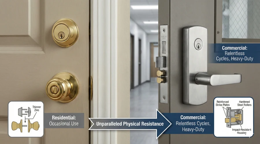 A side-by-side diagram comparing the internal physical build of a standard residential zinc door knob against a heavy-duty commercial steel and brass lock, highlighting reinforced strike plates, hardened steel rollers, and impact-resistant housings.