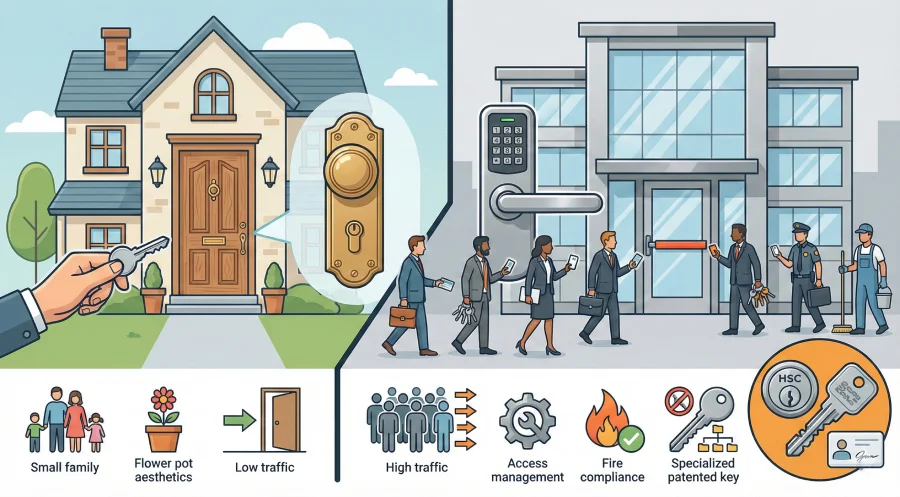 A side-by-side visual comparison illustrating the differences between residential and commercial security needs. The left side depicts a private home with standard hardware, while the right side shows a commercial building utilizing heavy-duty locks to manage high-frequency traffic, employee access control, and fire code compliance.