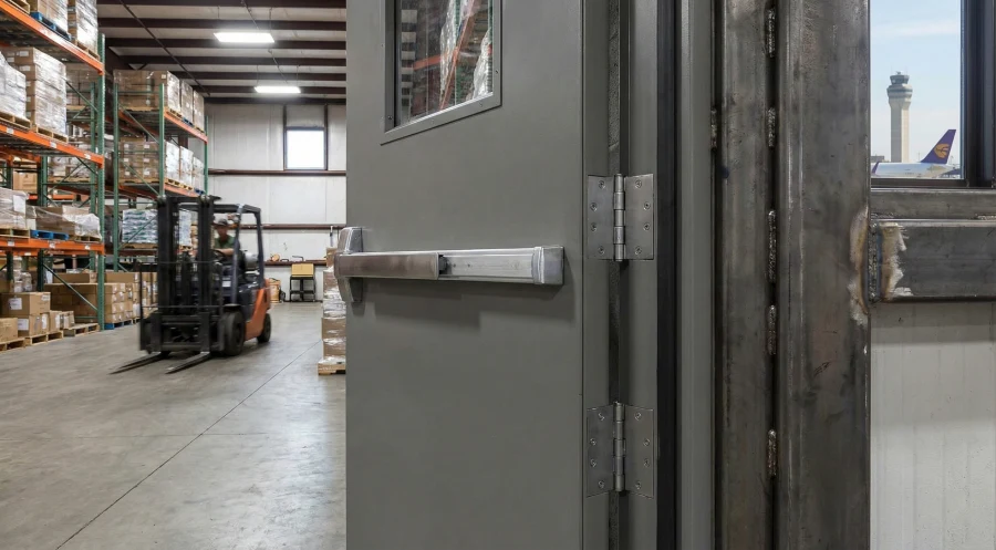 A view from inside a busy industrial warehouse near the DFW Airport area, showcasing a heavy-duty steel door outfitted with high-security hardware, including a visibly reinforced welded frame, tamper-resistant heavy hinges, and a specialized crash bar exit device.