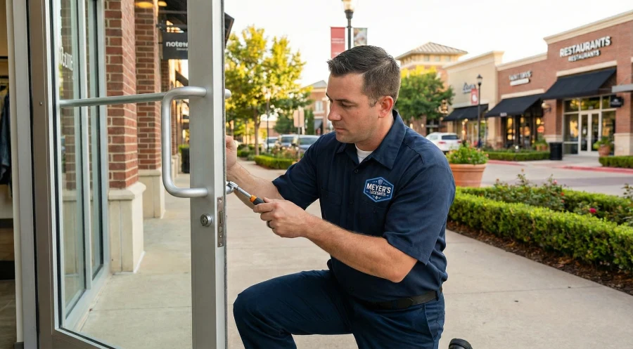 A uniformed professional from Meyer's Locksmith kneeling to install a heavy-duty mortise lock on a glass storefront entry door. The setting is an upscale outdoor retail center resembling Watters Creek in Allen, Texas.