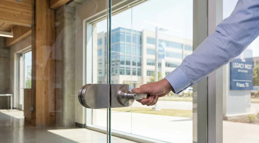 A close-up photograph of a hand easily operating a brushed metal commercial cylindrical lever lock on a modern glass office door. The background shows a bright, sunny day with a sign visible for "Frisco, TX", highlighting ADA-compliant access in a modern North Texas facility.