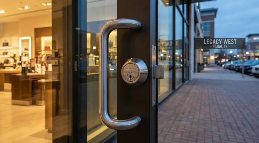 A close-up photograph of a heavy-duty stainless steel door pull paired with a Schlage commercial deadbolt and cylinder guard, mounted on a narrow aluminum and glass storefront door. The background shows an upscale retail environment at twilight with a sign visible for "Legacy West - Plano, TX"