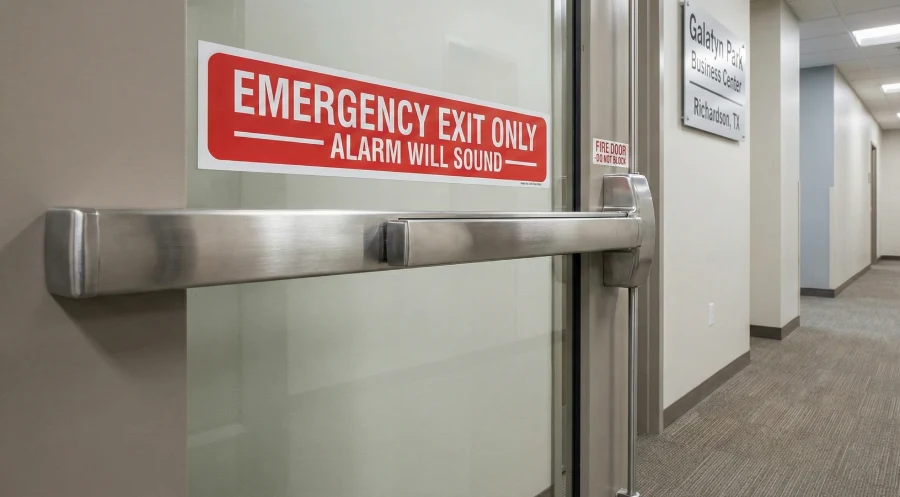A close-up photograph of a compliant stainless steel panic bar mounted on a commercial exit door in the Galatyn Park Business Center in Richardson, Texas. A red sign above reads "EMERGENCY EXIT ONLY - ALARM WILL SOUND," illustrating fire code safety hardware.
