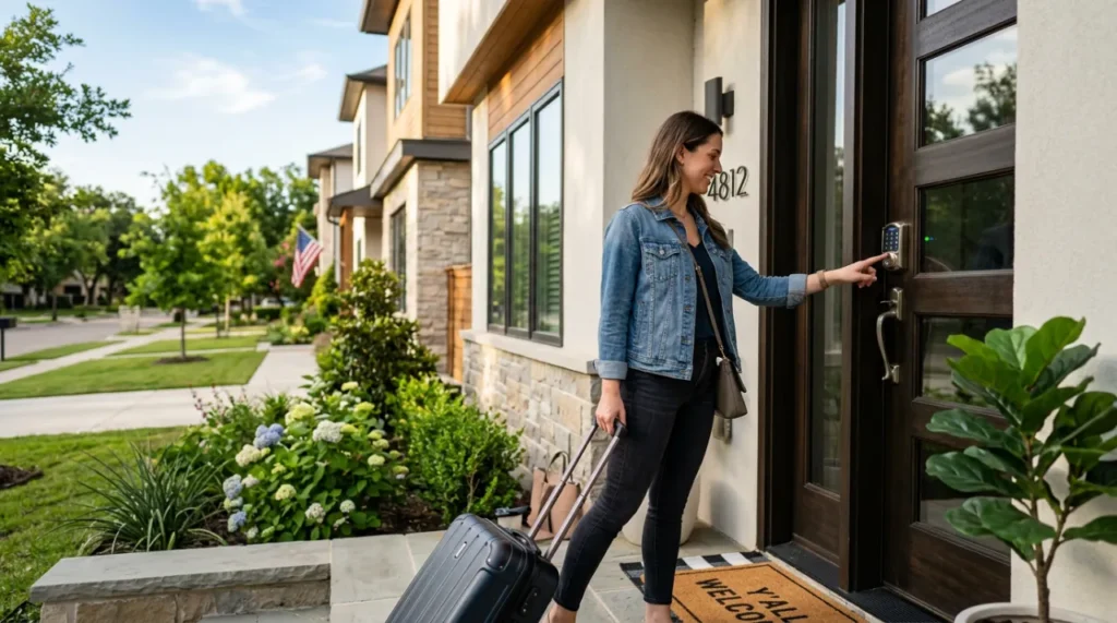 Airbnb guest using smart lock keypad for self check-in at a modern home in Dallas Fort Worth, keyless entry system for short-term rental property
