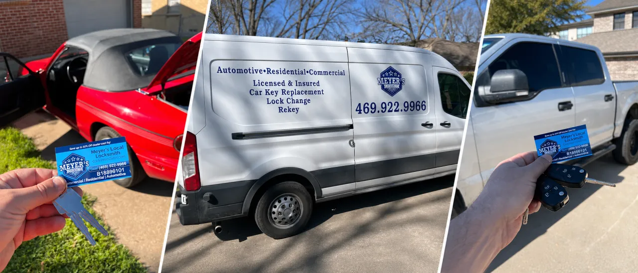 Meyer's Local Locksmith technician holding new car keys after automotive locksmith service in McKinney, TX — licensed mobile locksmith van serving all of North Dallas