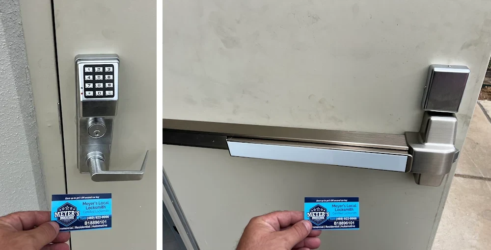 Commercial keypad lever lock on exterior and panic bar push device on interior of the same door — installed by Meyer's Local Locksmith in McKinney, TX