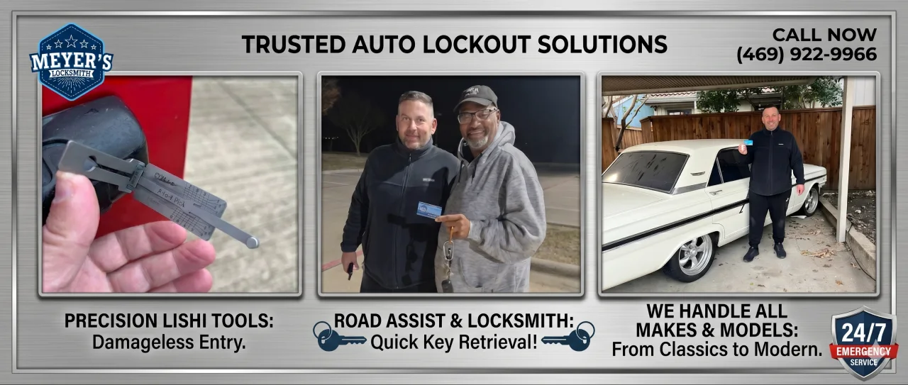 Meyer's Local Locksmith providing trusted auto lockout solutions in McKinney, TX — damageless entry with Lishi tools, quick key retrieval, and car locksmith service for all makes and models including classic vehicles, available 24/7