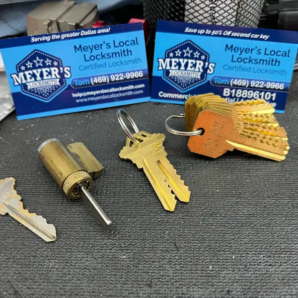 Rekeyed lock cylinder with new matching keys on a locksmith work mat