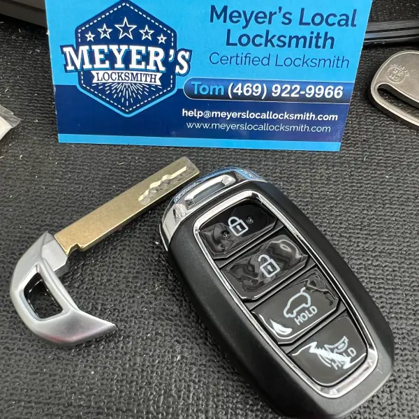 New push-to-start smart key fob and emergency key blade programmed by Meyer's Local Locksmith